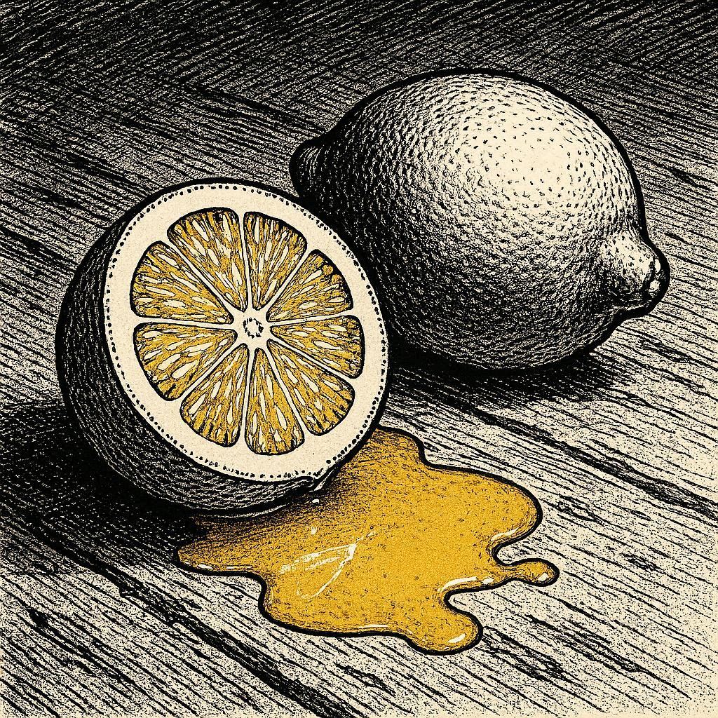 Ink illustration of a cut lemon with juice pooling, in crosshatch style with gold accent