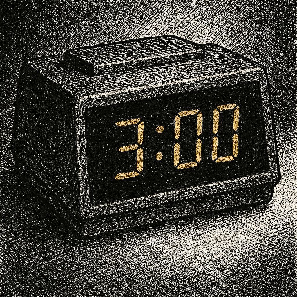 Crosshatch ink illustration of a digital alarm clock showing 3:00am in gold