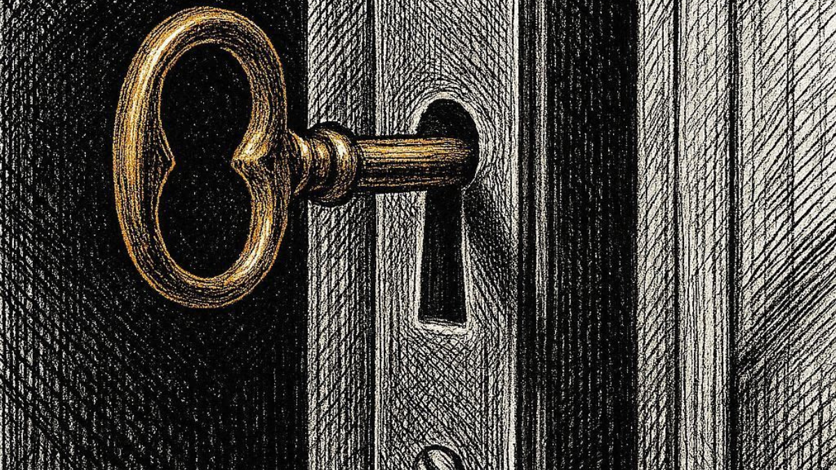Crosshatch ink illustration of a gold key in a door lock