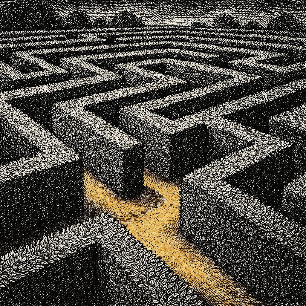 Crosshatch ink illustration of a hedge maze viewed from above with a single gold path through it