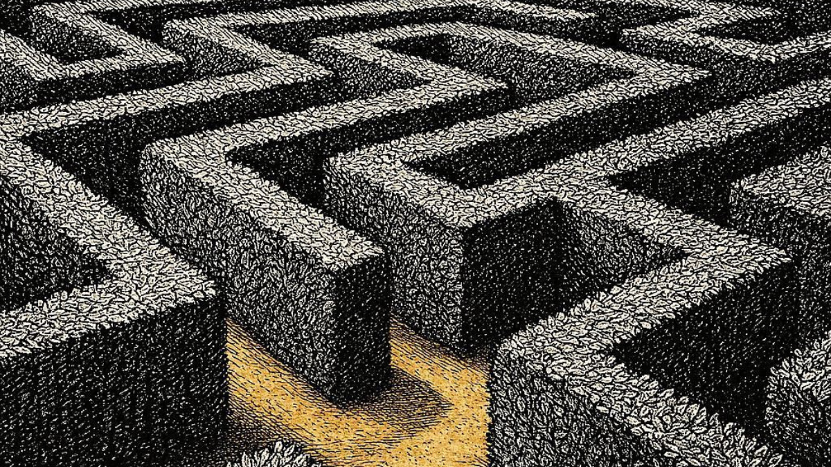 Crosshatch ink illustration of a hedge maze viewed from above with a single gold path through it