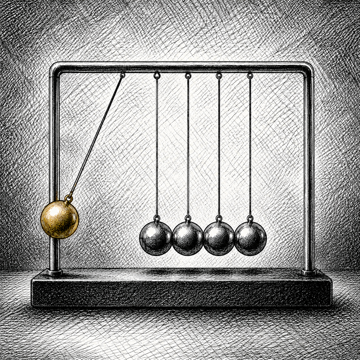 Crosshatch ink illustration of a Newton's cradle, one gold ball about to strike the silver balls