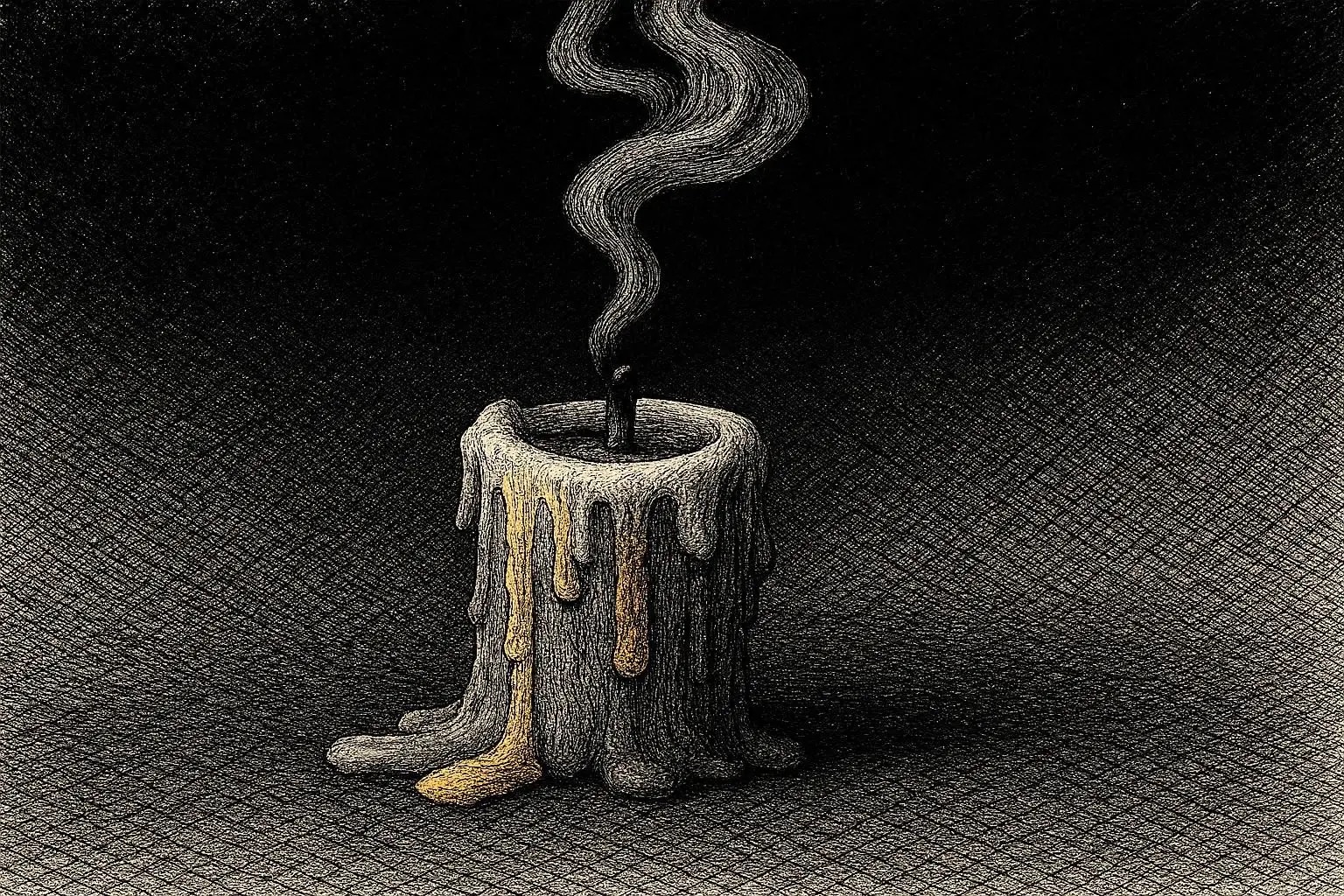 Crosshatch ink illustration of a burnt-down candle with a thin wisp of smoke