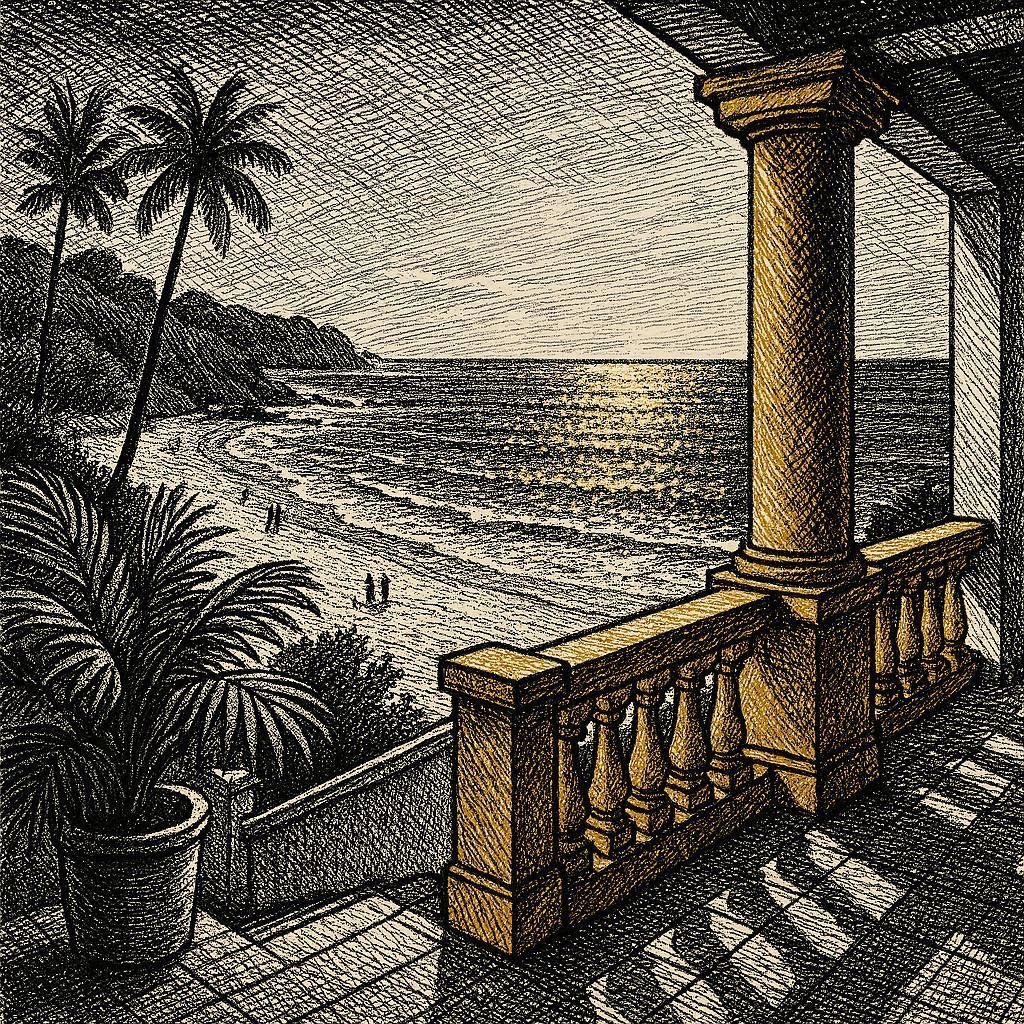 Crosshatch ink illustration of a villa terrace overlooking the sea, gold architectural details