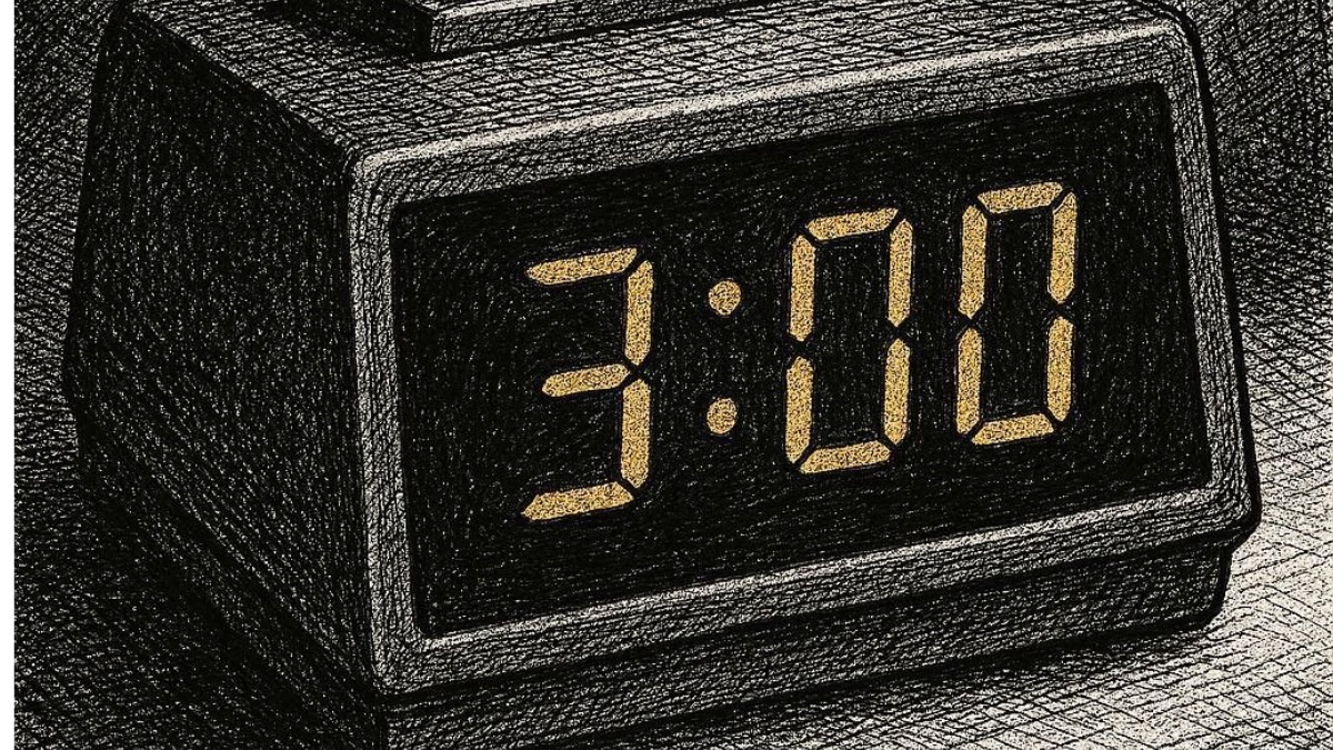 Crosshatch ink illustration of a digital alarm clock showing 3:00am in gold