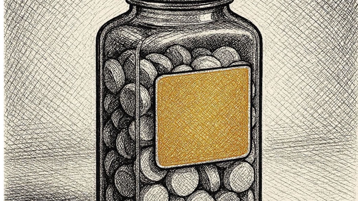 Crosshatch ink illustration of a medicine bottle filled with tablets, blank gold label